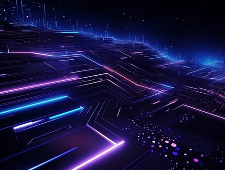 3D Abstract technology, purple and blue neon background of lines and dots, science and technology business concept of digital future technologies. AI