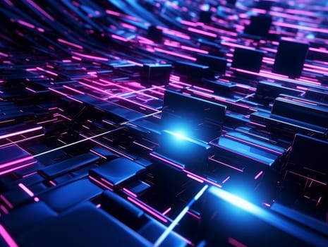 3D Abstract technology, purple and blue neon background of lines and dots, science and technology business concept of digital future technologies. AI