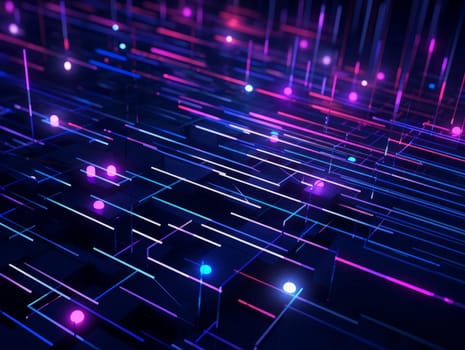 3D Abstract technology, purple and blue neon background of lines and dots, science and technology business concept of digital future technologies. AI