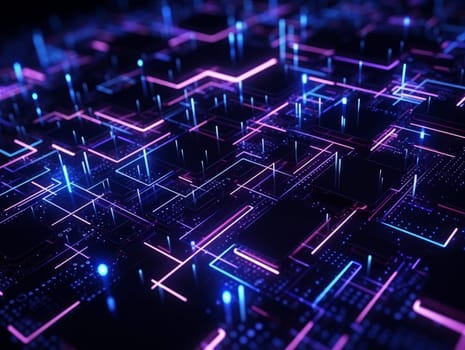 3D Abstract technology, purple and blue neon background of lines and dots, science and technology business concept of digital future technologies. AI