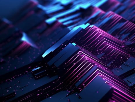 3D Abstract technology, purple and blue neon background of lines and dots, science and technology business concept of digital future technologies. AI