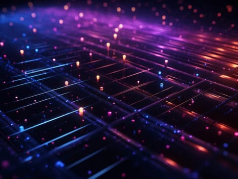 3D Abstract technology, purple and blue neon background of lines and dots, science and technology business concept of digital future technologies. AI