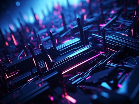 3D Abstract technology, purple and blue neon background of lines and dots, science and technology business concept of digital future technologies. AI