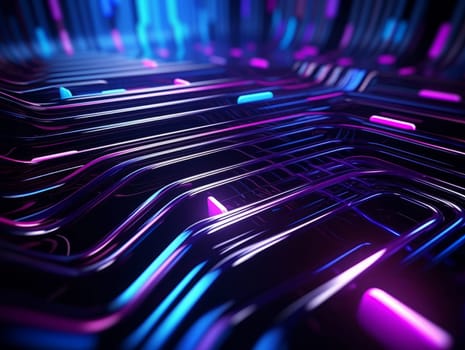 3D Abstract technology, purple and blue neon background of lines and dots, science and technology business concept of digital future technologies. AI