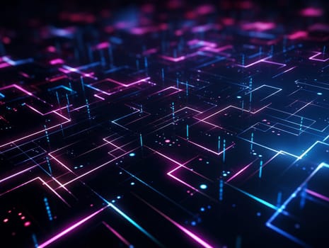 3D Abstract technology, purple and blue neon background of lines and dots, science and technology business concept of digital future technologies. AI