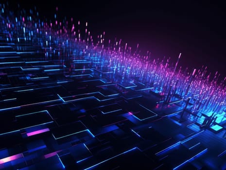 3D Abstract technology, purple and blue neon background of lines and dots, science and technology business concept of digital future technologies. AI