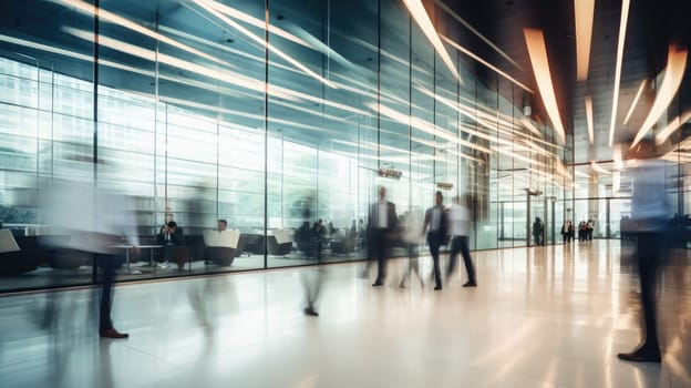 Business people rushing in office lobby with motion blur