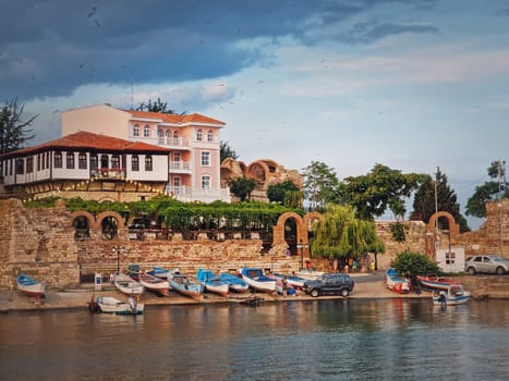 The old town of Nessebar, UNESCO world heritage on the Black Sea coastline, Burgas Region, Bulgaria. Sightseeing view with a mixture of ancient ruins and modern hotel resort on the coast