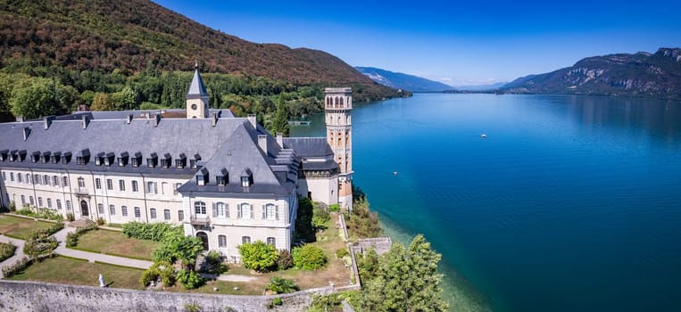 Aerial view of Abbey of Hautecombe, or Abbaye d'Hautecombe, in Savoie, France, Europe