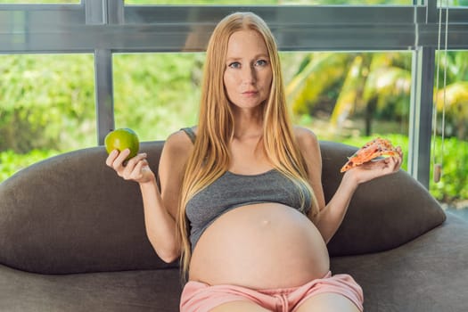 A pregnant woman faces a choice between nourishing, wholesome food and tempting fast food, highlighting the importance of healthy dietary decisions during pregnancy.