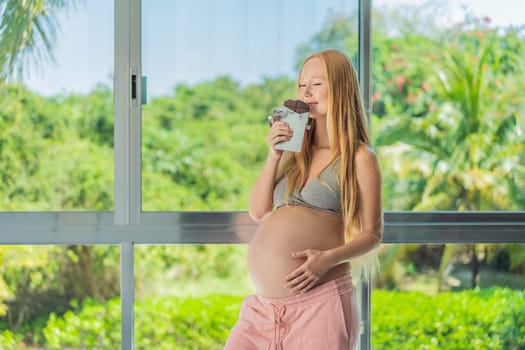 Capturing a pregnant woman enjoying chocolate, exploring the sweet indulgence during pregnancy, highlighting the delightful moments and potential effects of chocolate.