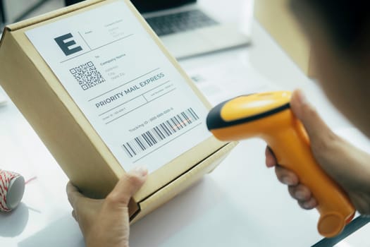 Female seller worker online store holding scanner scanning parcel barcode tag packing ecommerce post shipping box checking online retail store orders in dropshipping delivery service warehouse.