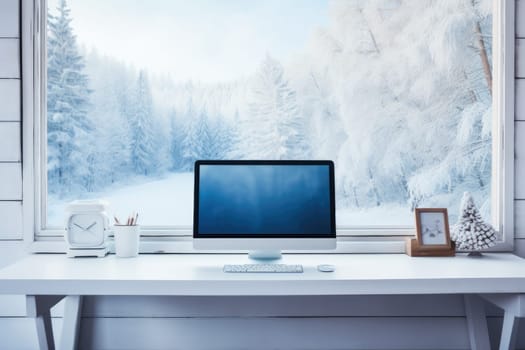 Laptop with blank screen in house and winter season. Generative AI.