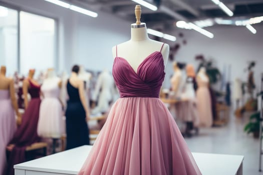A beautiful lilac evening dress on a mannequin in a fashion salon, atelier.