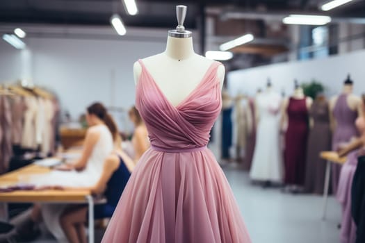 A beautiful lilac evening dress on a mannequin in a fashion salon, atelier.