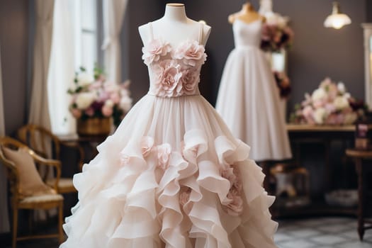 Wonderful wedding dress in a designer store, atelier.