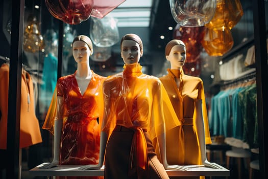 Mannequins in fashionable women's clothing in a store window. Fashion style.