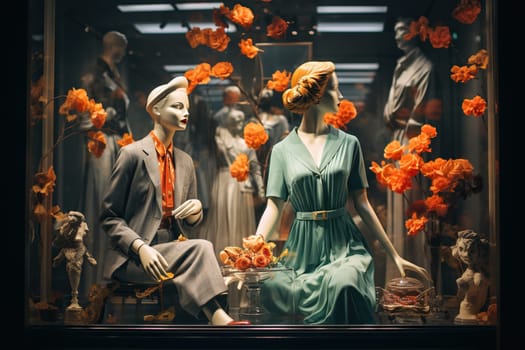 Mannequins in fashionable women's clothing in a store window. Fashion style.