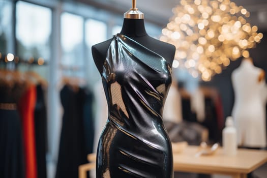 A beautiful black dress on a mannequin in a fashion salon. Shopping, vogue concept.