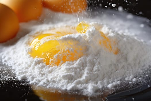 Egg yolk in a pile of flour on a black background close-up.