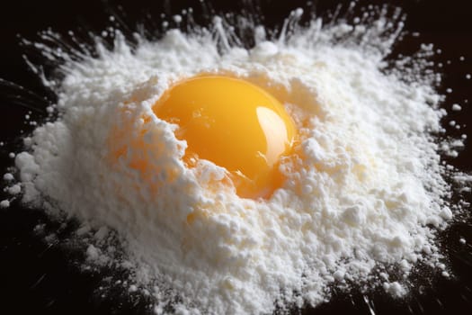 Egg yolk in a pile of flour on a black background close-up.