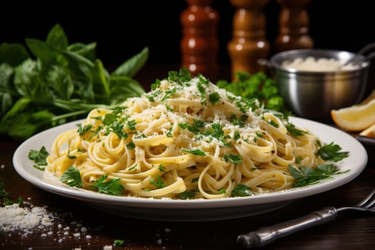 Homemade Italian spaghetti with herbs and parmesan.