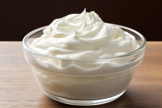 A bowl of whipped cream on a wooden background.