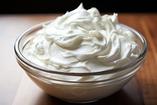 A bowl of whipped cream on a wooden background.