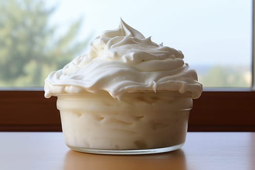 A bowl of whipped cream on a wooden background.