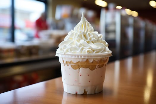 Trifle with whipped cream on wooden table.