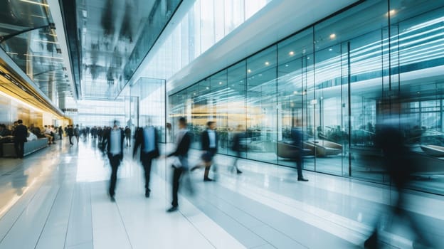 Business people rushing in office lobby with motion blur