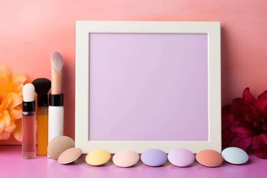 top view mockup cosmetic items with on copy-space pastel colored table