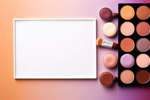 top view mockup cosmetic items with on copy-space pastel colored table