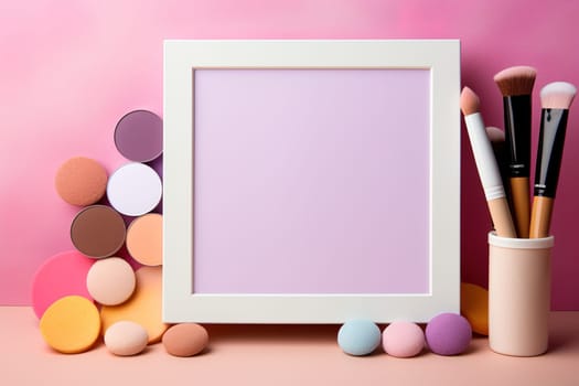 top view mockup cosmetic items with on copy-space pastel colored table