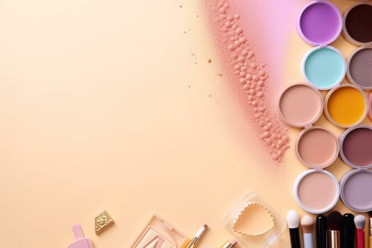 top view mockup cosmetic items with on copy-space pastel colored table