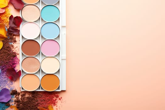 top view mockup cosmetic items with on copy-space pastel colored table