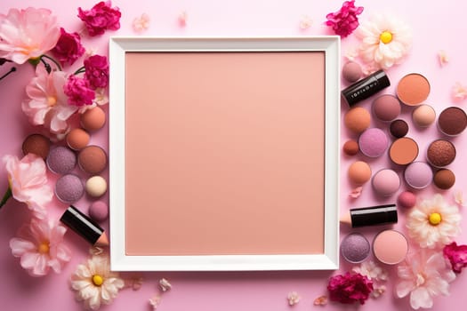 top view mockup cosmetic items with on copy-space pastel colored table