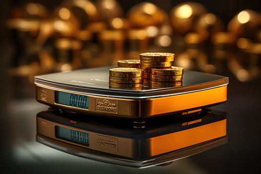 Electronic scales with gold coins on them stand on the table, blurred background.