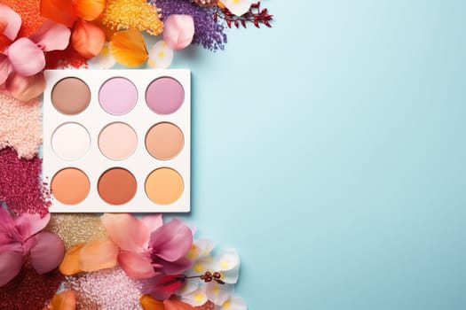 top view mockup cosmetic items with on copy-space pastel colored table