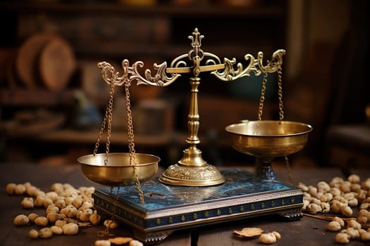 Golden scales of justice on a wooden table with a blurred background.