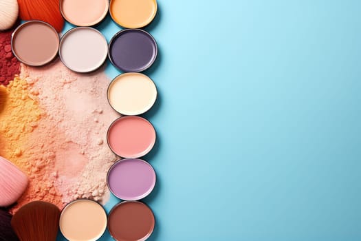 top view mockup cosmetic items with on copy-space pastel colored table