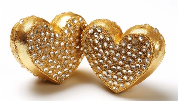 Golden realistic heart. 3D illustration of metal heart shaped. Golden glittering heart shape isolated on white background. Sparkling diamond Valentine