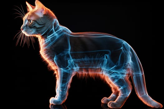 Ginger cat with blue x-ray glow on a black background. X-ray of a cat.