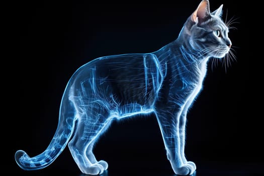 Grey cat with blue x-ray glow on a black background. X-ray of a cat.