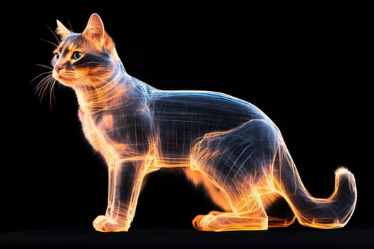 Cat with golden glow on a black background. X-ray of a cat.