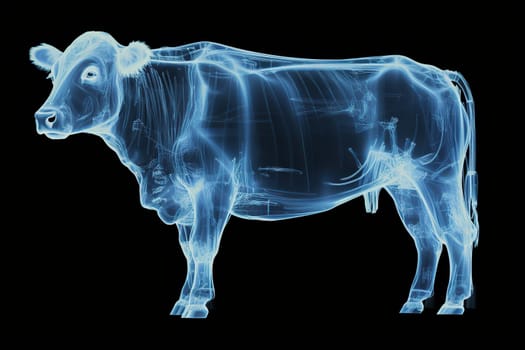 Cow in blue x-ray glow on a black background. X-ray of a cow.