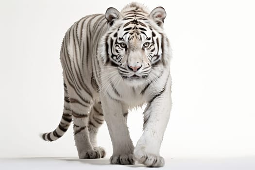 Adult white tiger with wet fur, isolated on a white background.