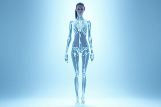 Full body x-ray of a female robot against a blue background.