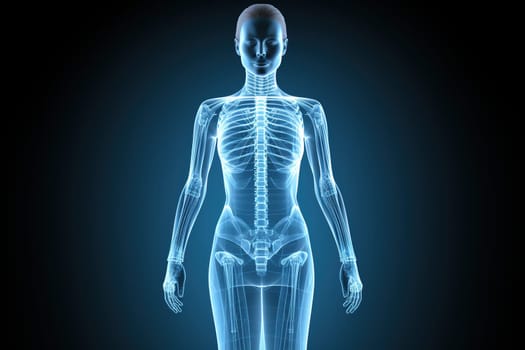 Full body x-ray of a female robot against a dark background.