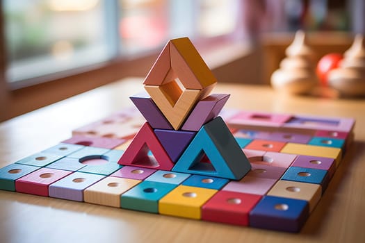 Colorful wooden toys. Wooden geometric on a wooden table. Wooden play set.